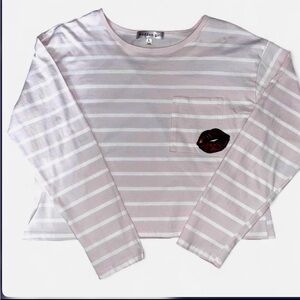 NWOT Madden Girl Cropped Long Sleeve Pink & White Striped Sequin Patch Tee